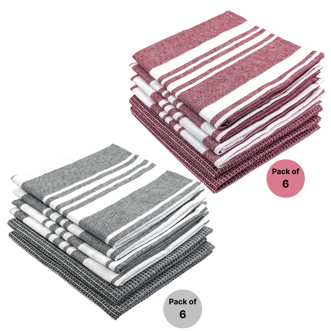 RIGHTSIZE Kitchen Towels, 2 x 1.5 Ft, Crimson & Grey. Pack of 12