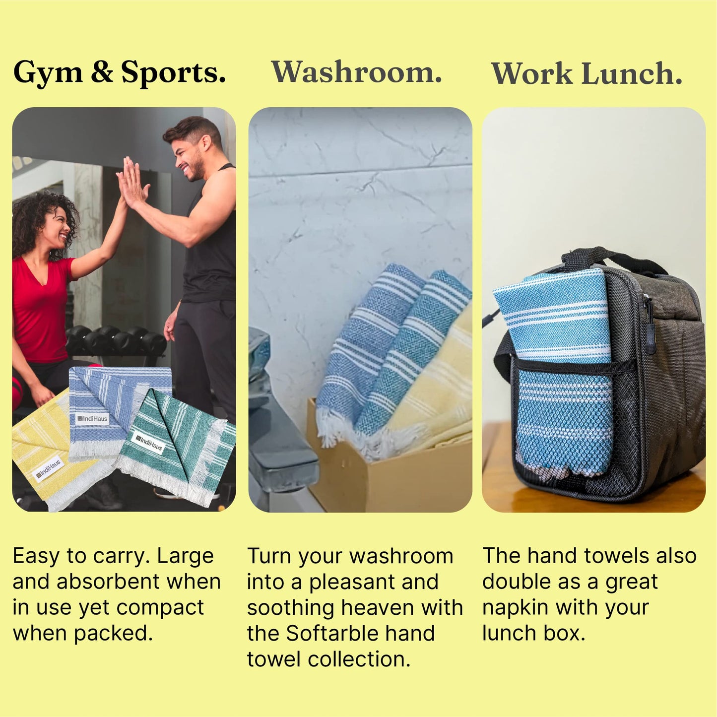 VIBRANT Hand Towels, 2 x 1.5 Ft, Blue & Yellow & Teal. Pack of 6