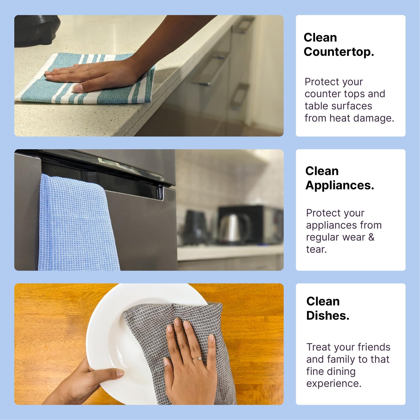 RIGHTSIZE Kitchen Towels, 2 x 1.5 Ft, Blue & Grey. Pack of 10