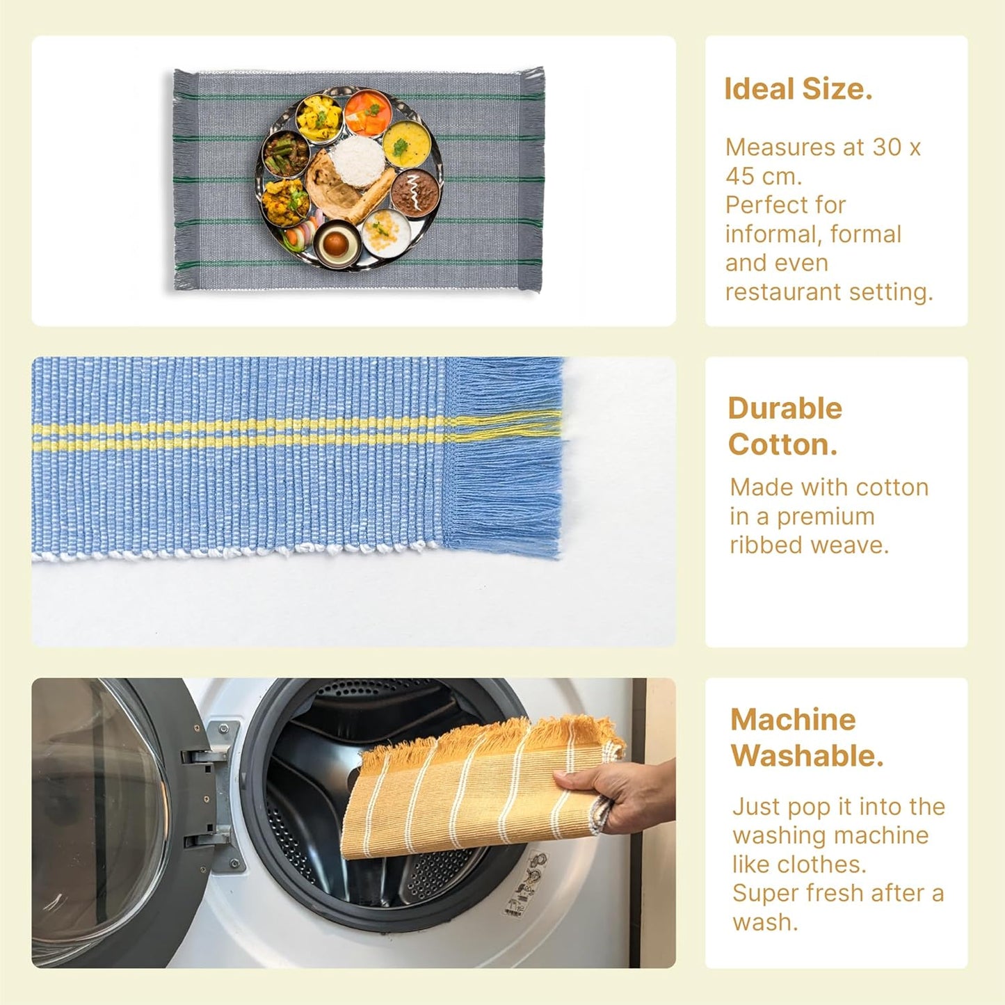 IndiHaus Cotton Ribbed Striped Rectangular Dining Placemat with Tassels, Orange & Ivory Set of 4