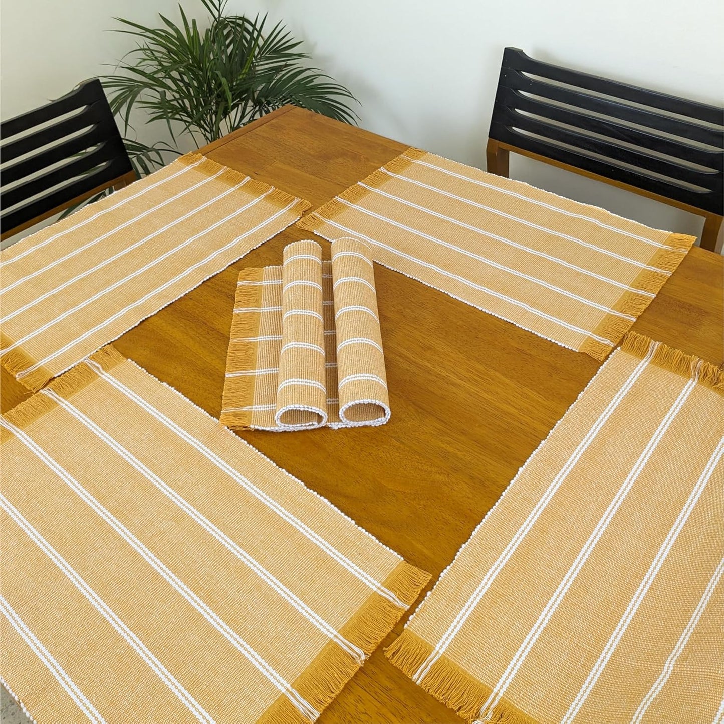 IndiHaus Cotton Ribbed Striped Rectangular Dining Placemat with Tassels, Orange & Ivory Set of 6