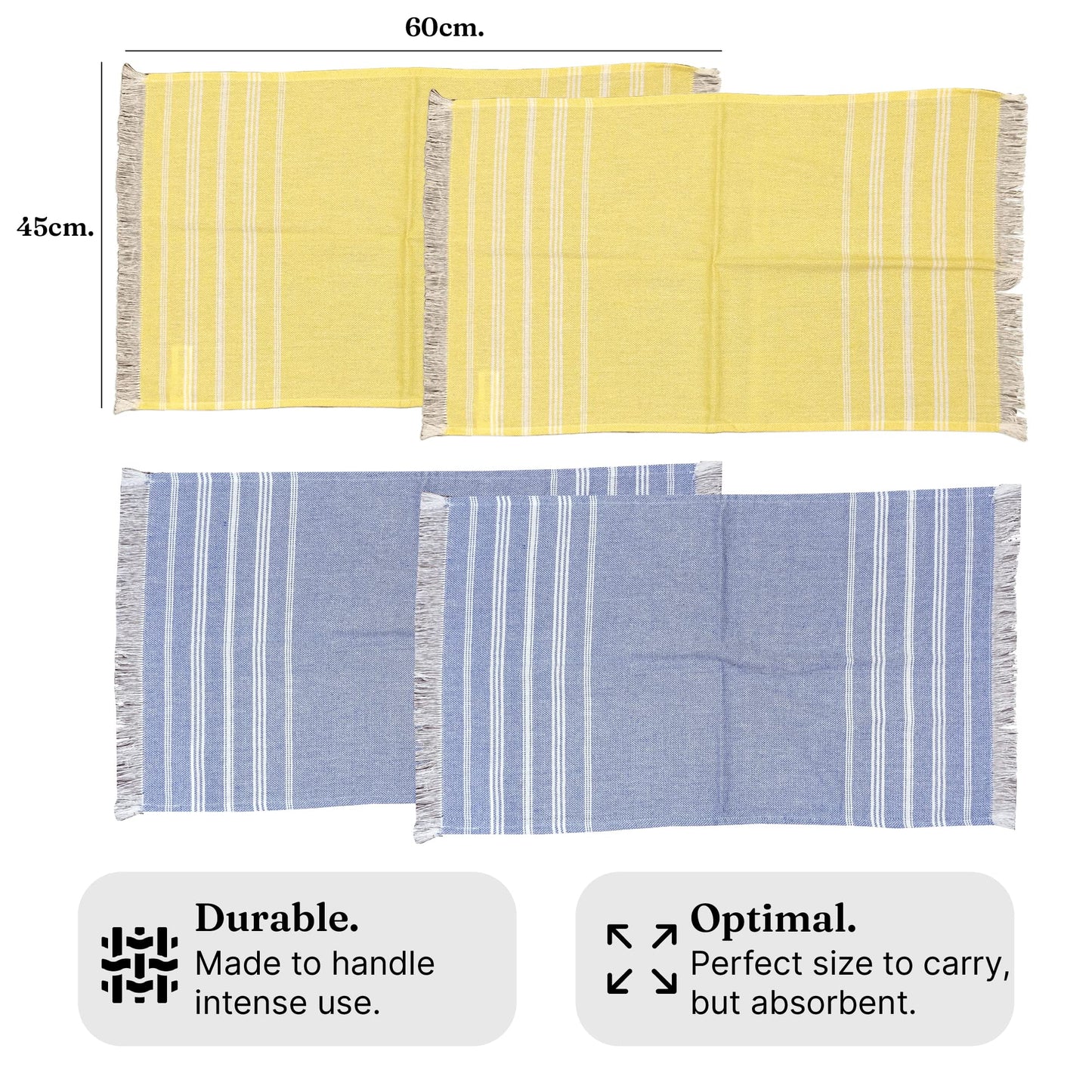 VIBRANT Hand Towels, 2 x 1.5 Ft, Blue & Yellow. Pack of 4