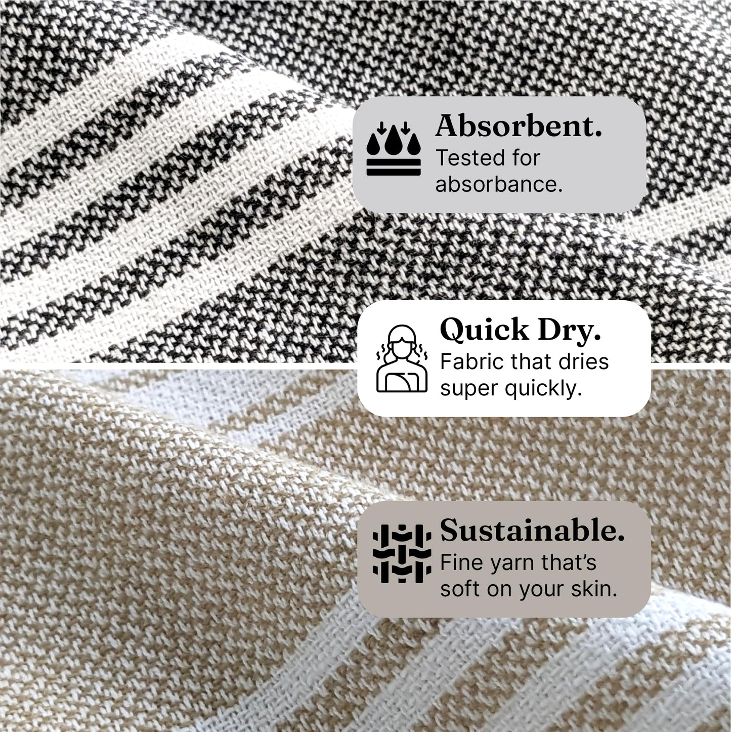 VIBRANT Hand Towels, 2 x 1.5 Ft, Beige & Grey. Pack of 4