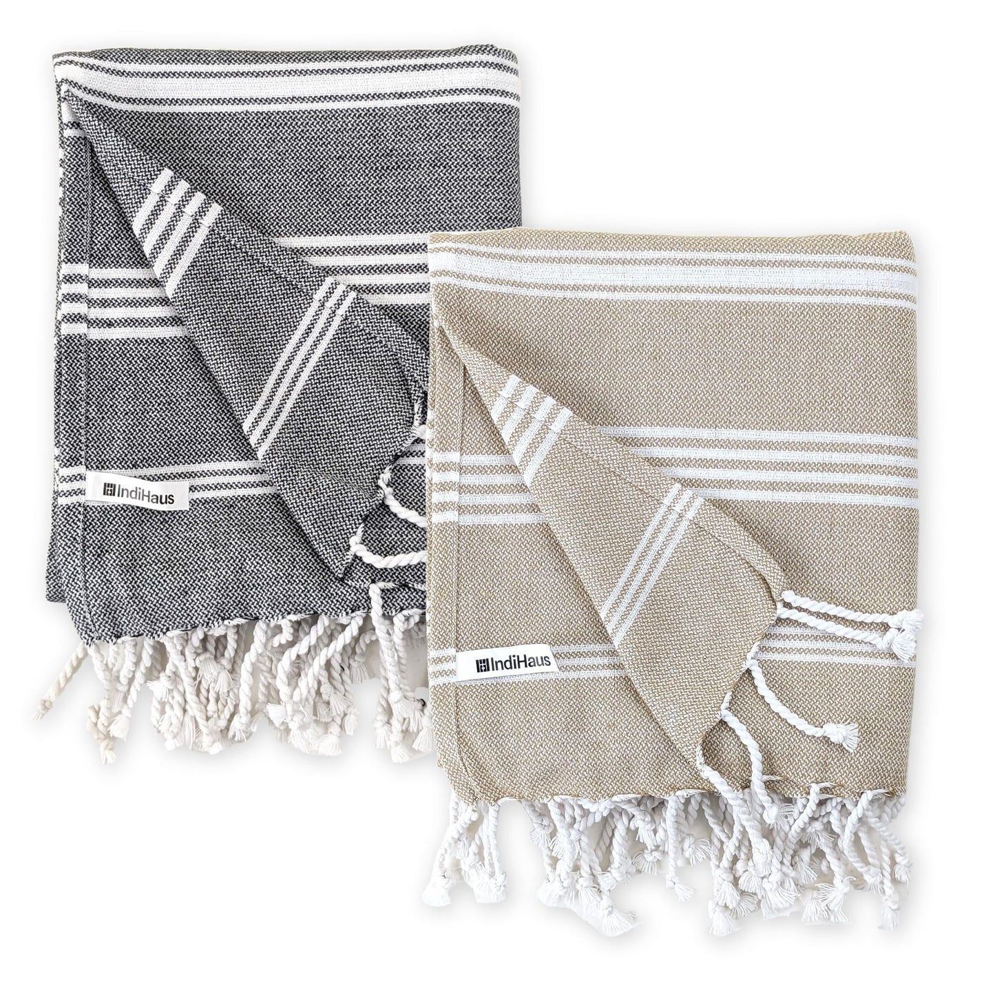 The BIG Towel, 5 x 2.8 Ft, Beige & Grey. Pack of 2