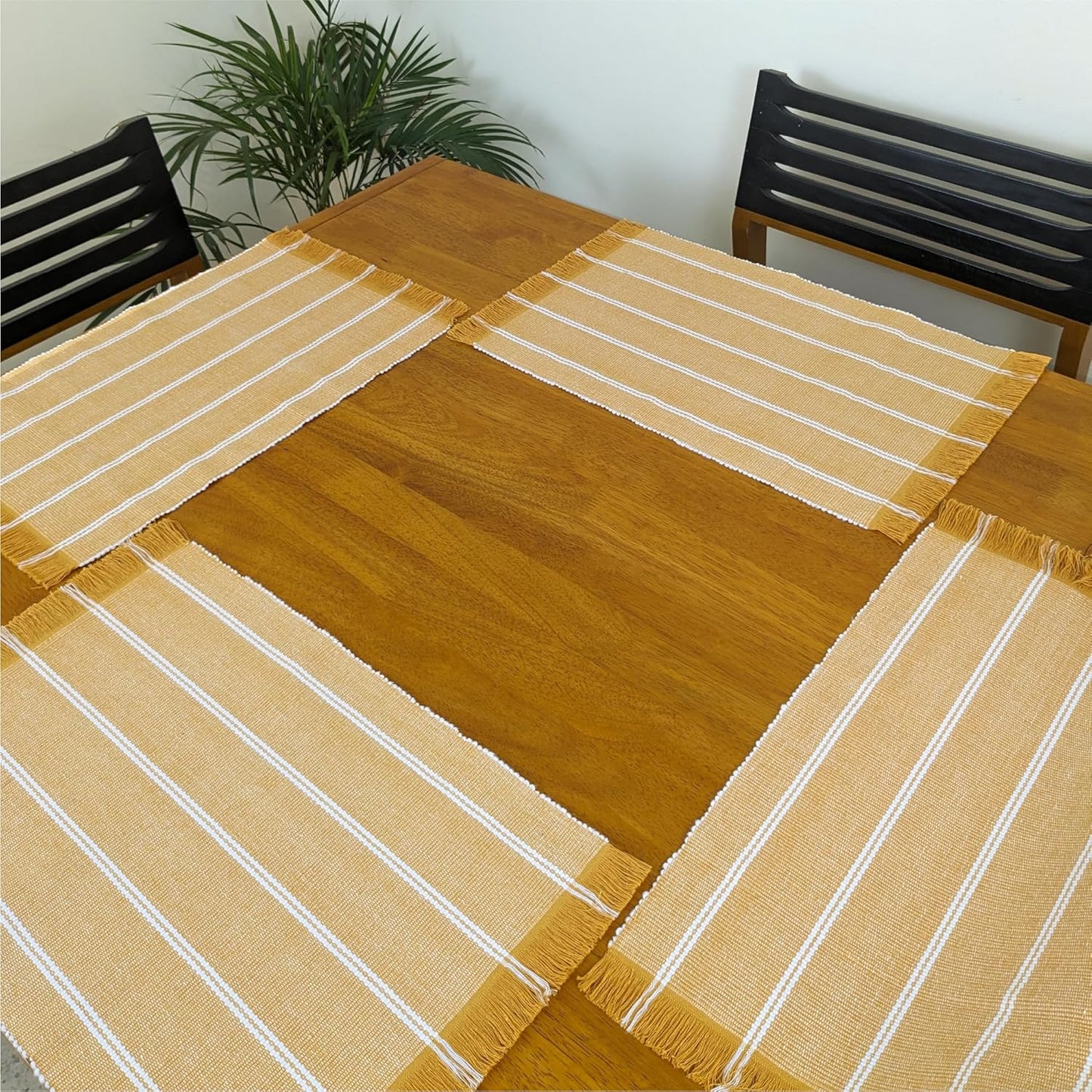IndiHaus Cotton Ribbed Striped Rectangular Dining Placemat with Tassels, Orange & Ivory Set of 4