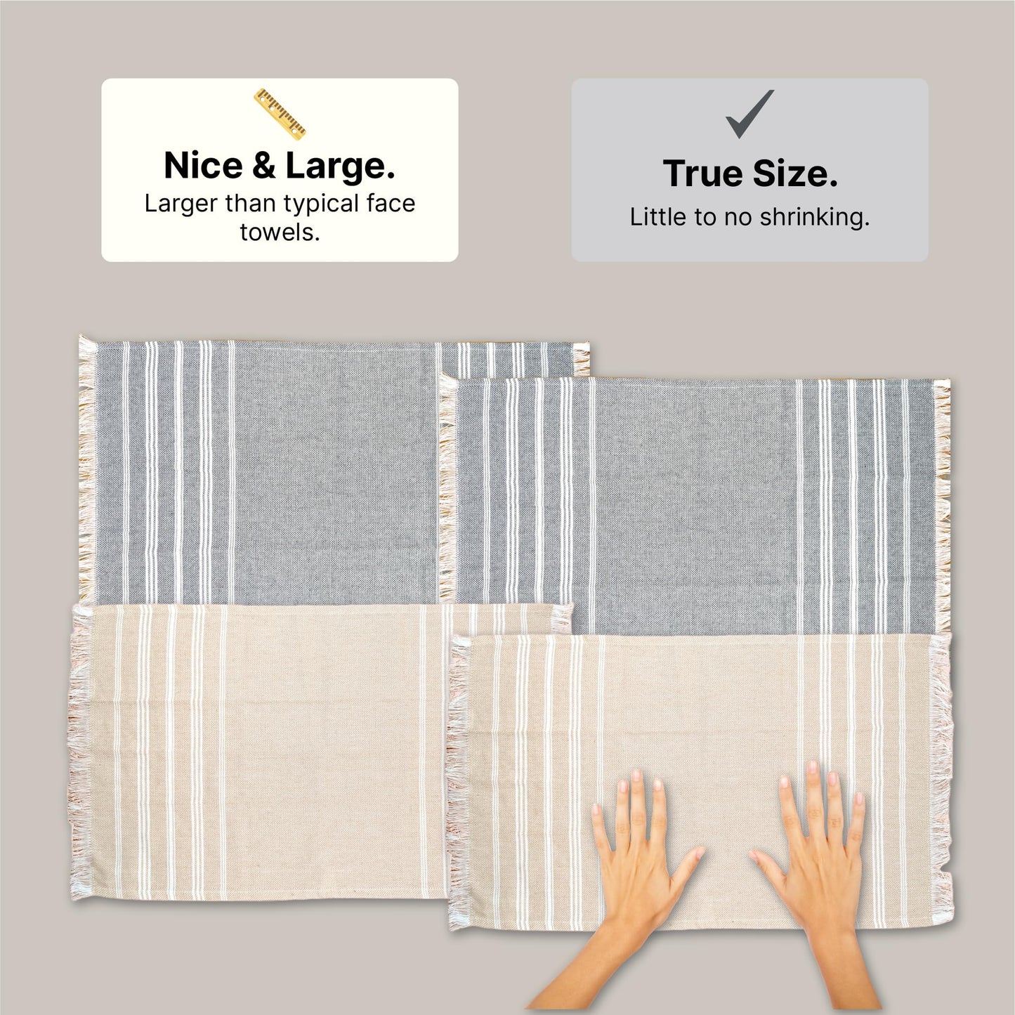 VIBRANT Hand Towels, 2 x 1.5 Ft, Beige & Grey. Pack of 4