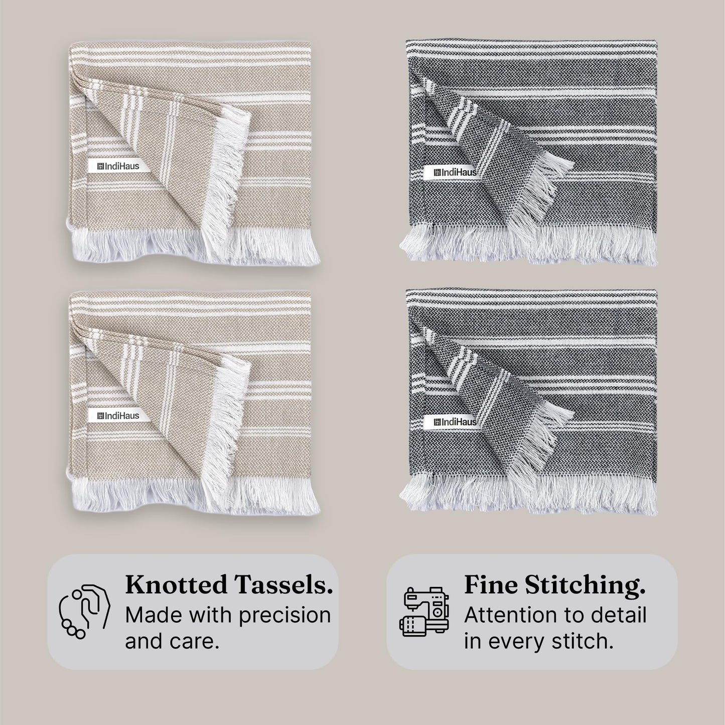 VIBRANT Hand Towels, 2 x 1.5 Ft, Beige & Grey. Pack of 4