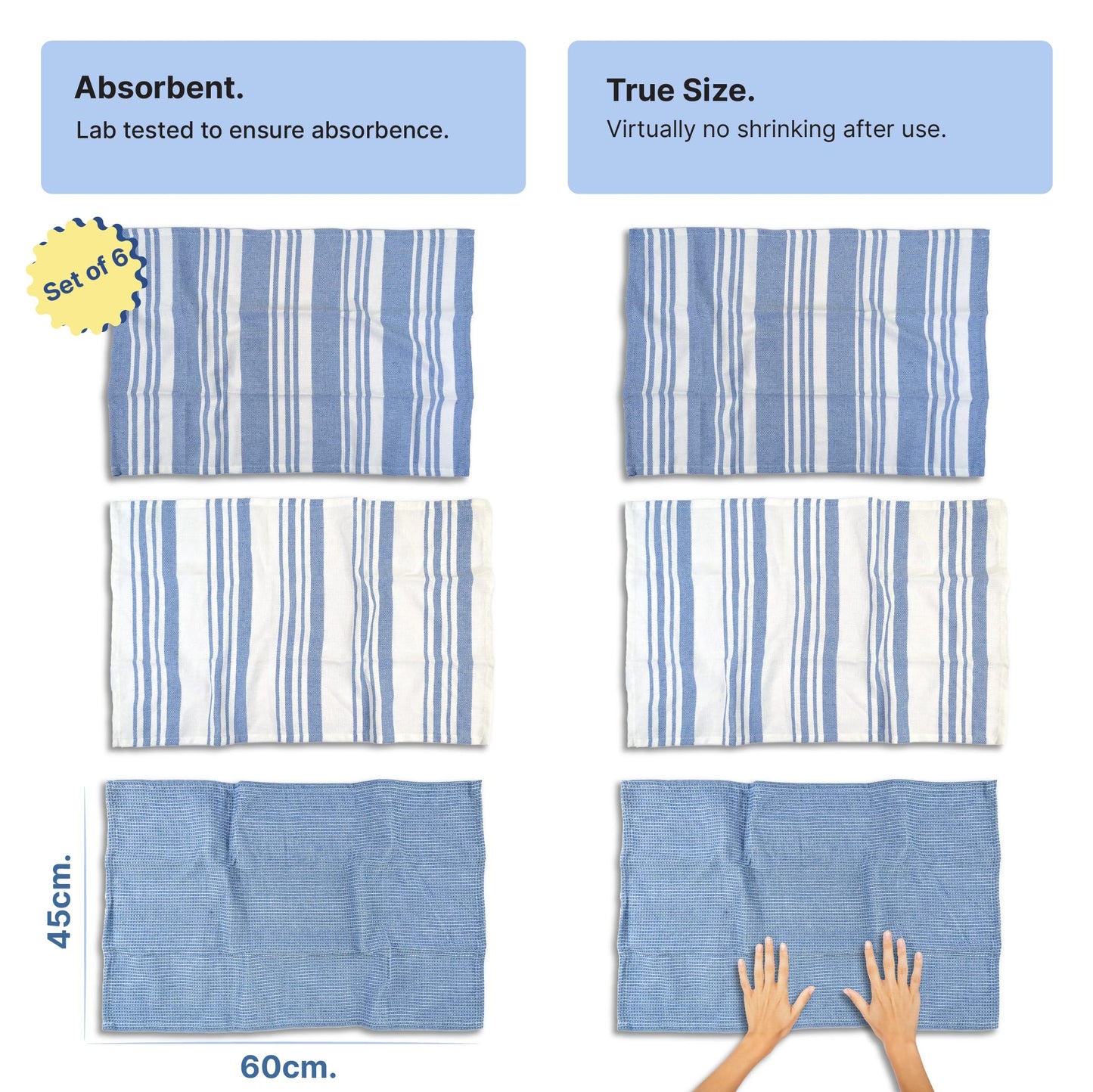 RIGHTSIZE Kitchen Towels, 2 x 1.5 Ft, Indihaus Blue. Pack of 6