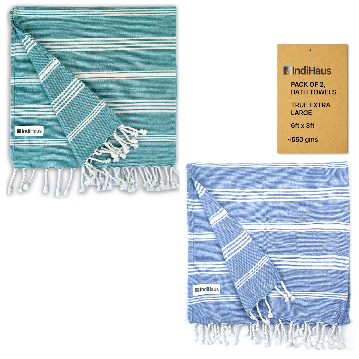 TRULY XL Bath Towel 6Ft X 3Ft, IndiHaus Blue & Teal (Pack of 2)