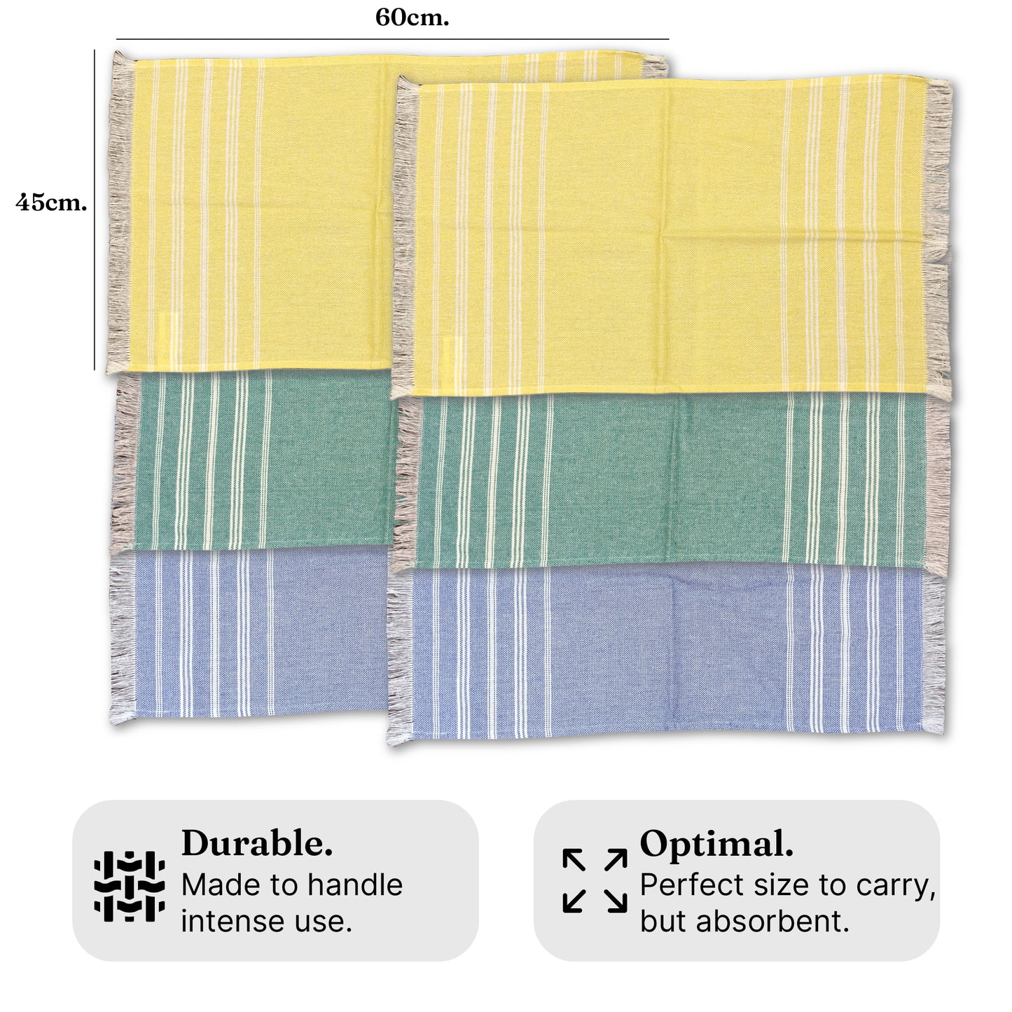 VIBRANT Hand Towels, 2 x 1.5 Ft, Blue & Yellow & Teal. Pack of 6