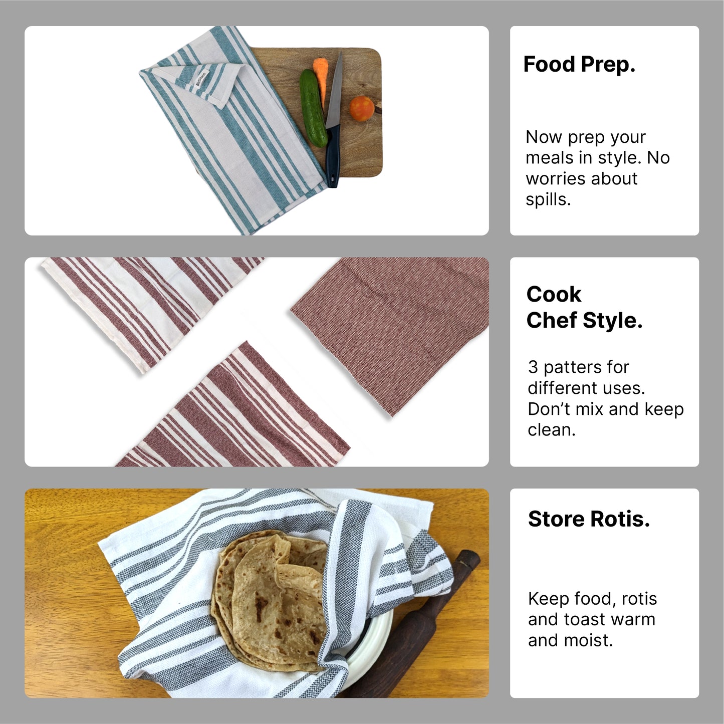 RIGHTSIZE Kitchen Towels, 2 x 1.5 Ft, Slate Grey. Pack of 6