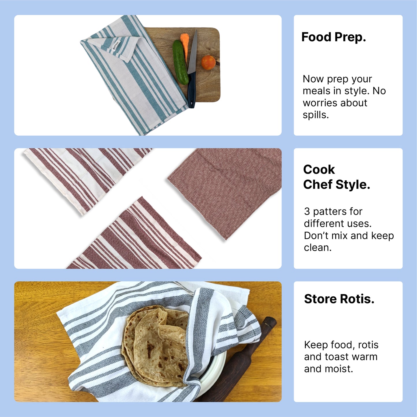 RIGHTSIZE Kitchen Towels, 2 x 1.5 Ft, Indihaus Blue. Pack of 6