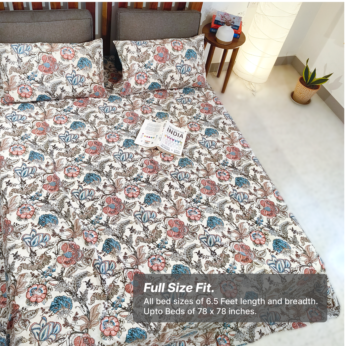 Lal Bagh, Cotton Bedsheet - Beige with Blue Flowers, 100% Cotton King Size (100 x 104, 1.3kg)