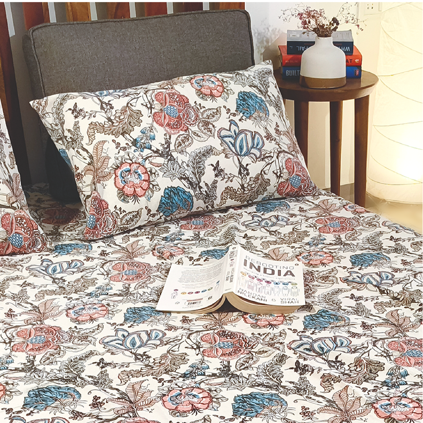 Lal Bagh, Cotton Bedsheet - Beige with Blue Flowers, 100% Cotton King Size (100 x 104, 1.3kg)
