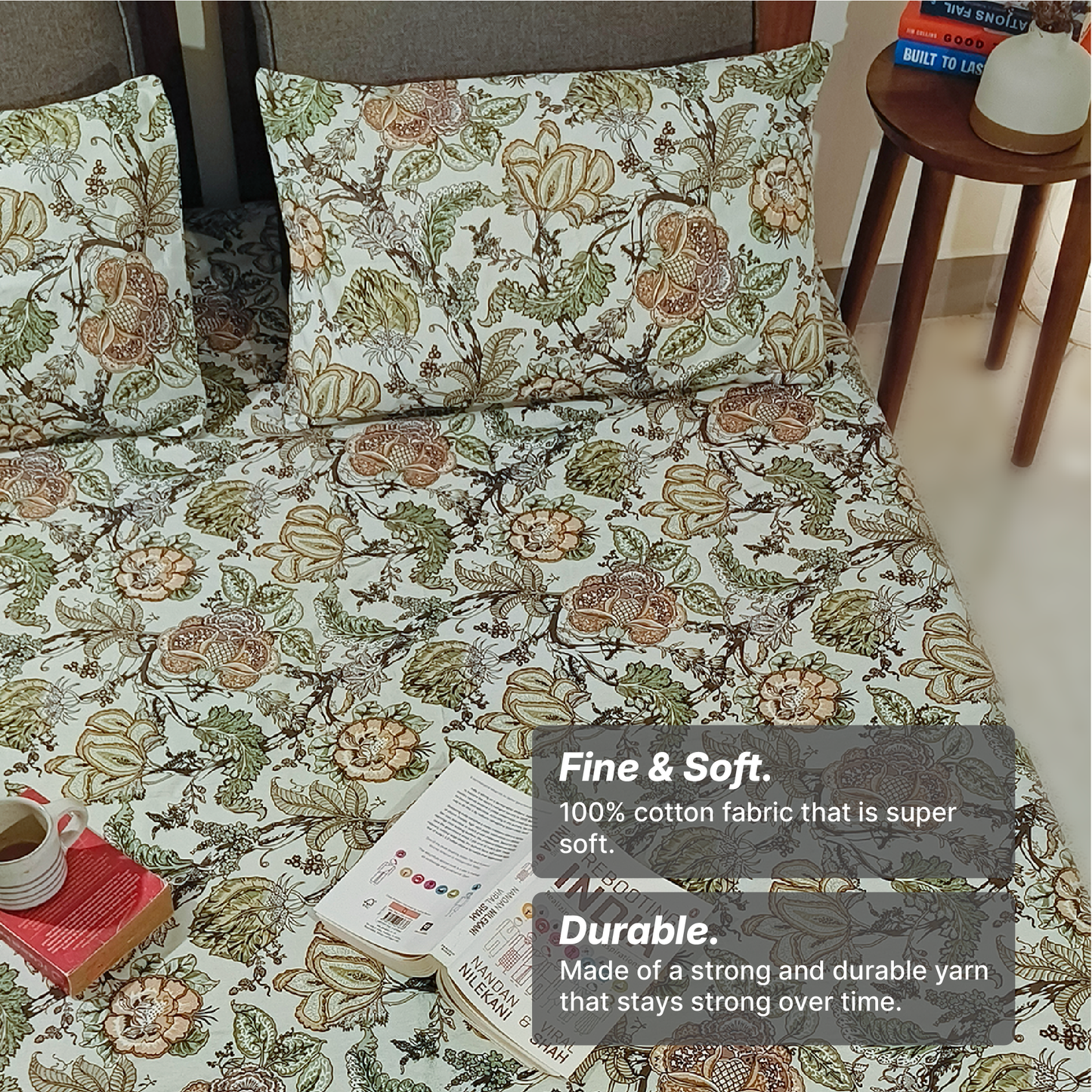 Lal Bagh, Cotton Bedsheet – Olive Green – 100% Cotton King Size (100 x 104 inches, 1.3kg)