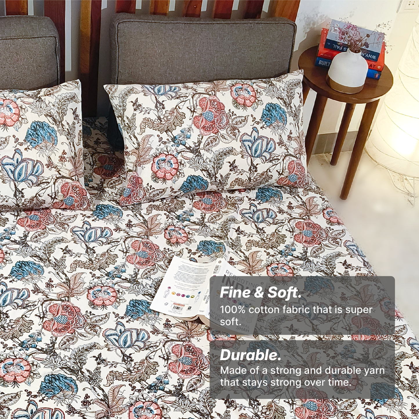 Lal Bagh, Cotton Bedsheet - Beige with Blue Flowers, 100% Cotton King Size (100 x 104, 1.3kg)