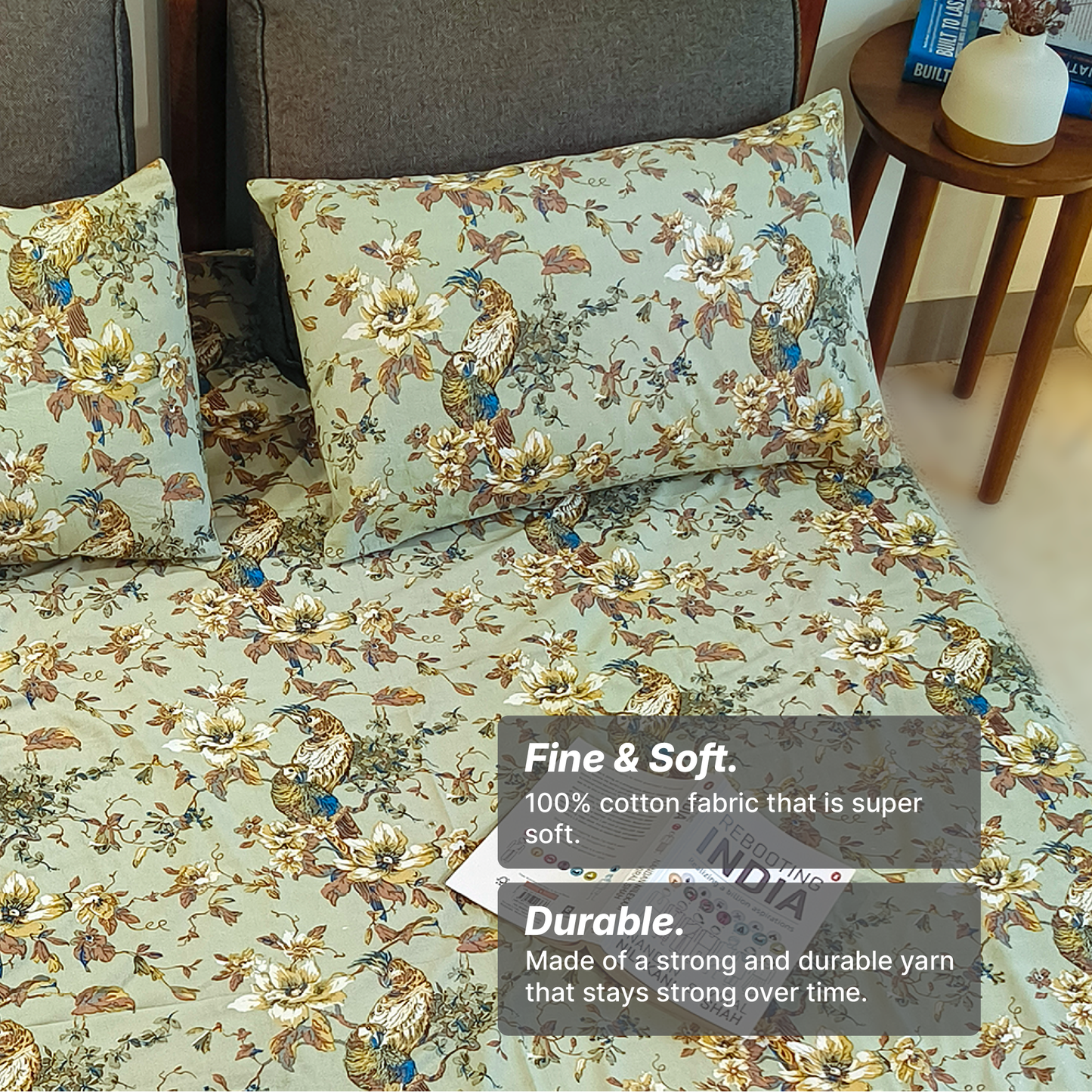 Neora, Cotton Bedsheet – Olive Green – 100% Cotton King Size (100 x 104 inches, 1.3kg)