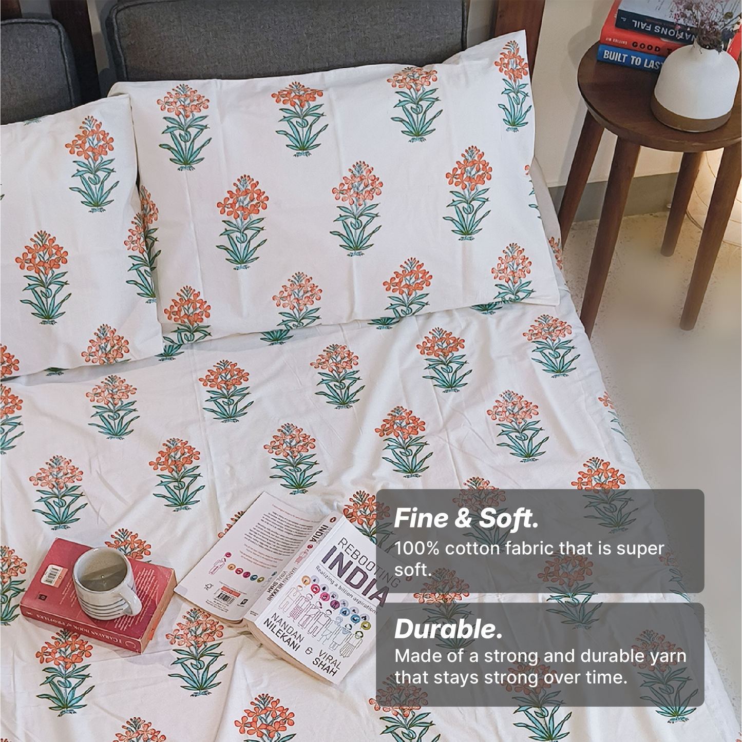 Vrishti, Cotton Bedsheet – Orange Floral – 100% Cotton King Size (100 x 104 inches, 1.3kg)