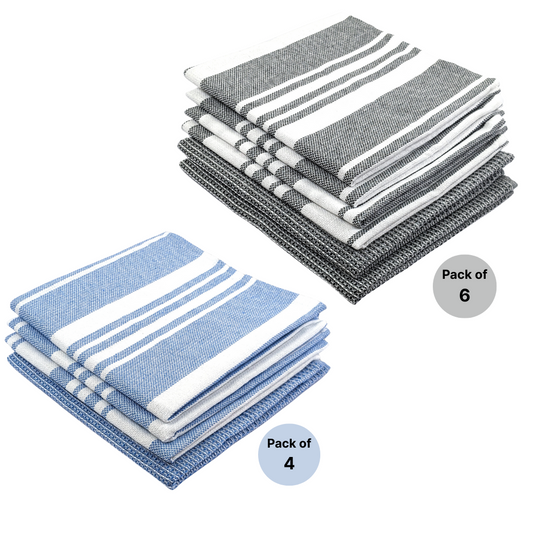 RIGHTSIZE Kitchen Towels, 2 x 1.5 Ft, Blue & Grey. Pack of 10