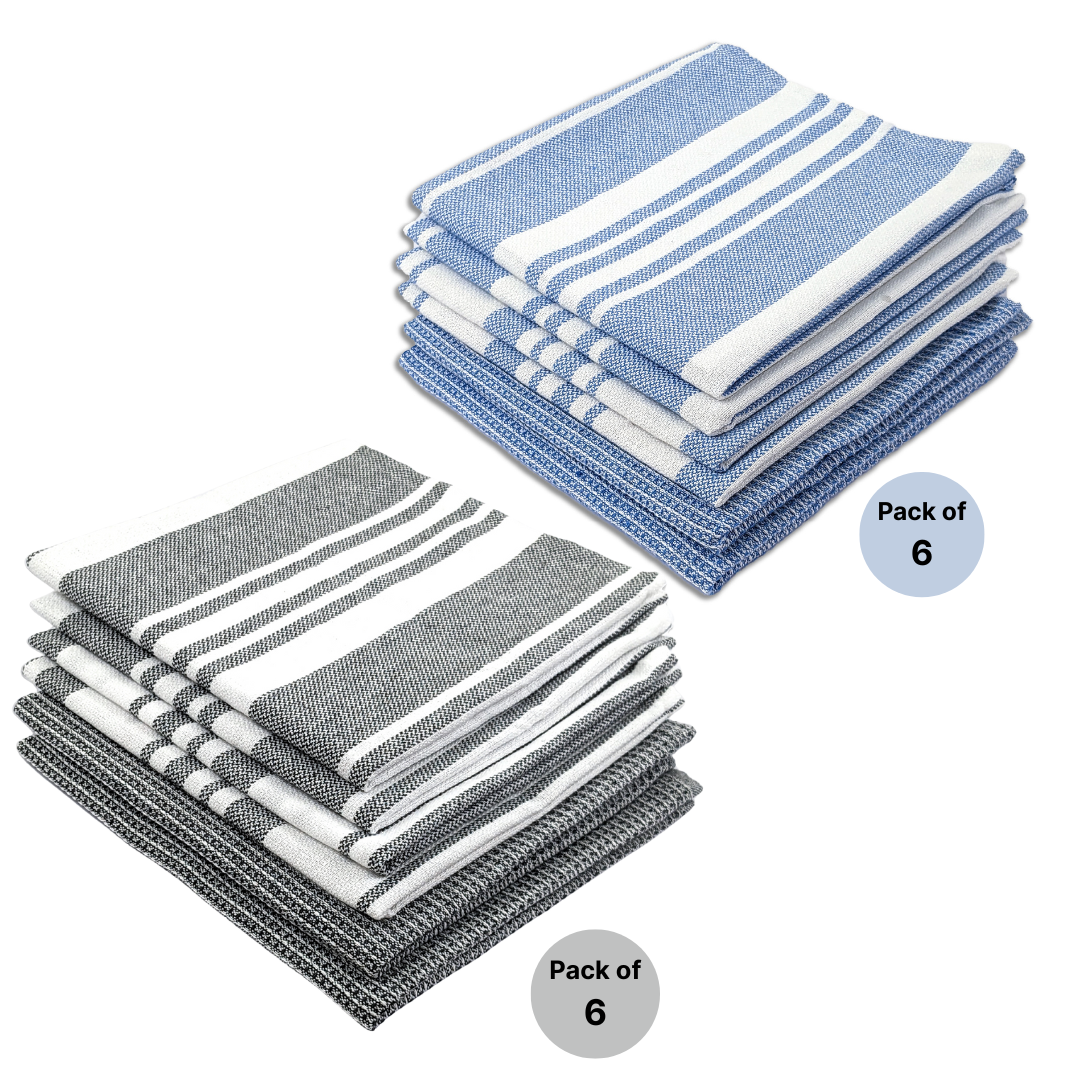 RIGHTSIZE Kitchen Towels, 2 x 1.5 Ft, Blue & Grey. Pack of 12