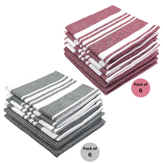 RIGHTSIZE Kitchen Towels, 2 x 1.5 Ft, Crimson & Grey. Pack of 12