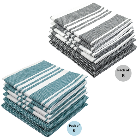 RIGHTSIZE Kitchen Towels, 2 x 1.5 Ft, Teal & Grey. Pack of 12