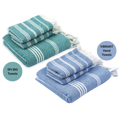 The BIG Towel Bath & Hand Towel Set, Indihaus Blue & Teal, (Pack of 2+4)