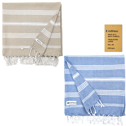 TRULY XL Bath Towels, 6 Ft x 3 Ft, Beige & IndiHaus Blue (Pack of 2)