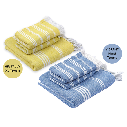 TRULY XL Bath & Hand Towel Set, IndiHaus Blue & Sunshine Yellow (Pack of 4+2)