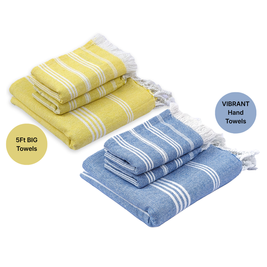 The BIG Towel Bath & Hand Towel Set, Sunshine Yellow & Indihaus Blue, (Pack of 2+4)