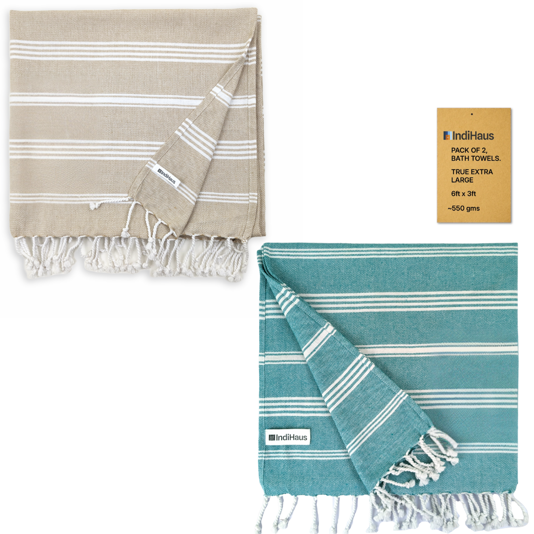 TRULY XL Bath Towels, 6 Ft x 3 Ft, Beige & Teal (Pack of 2)