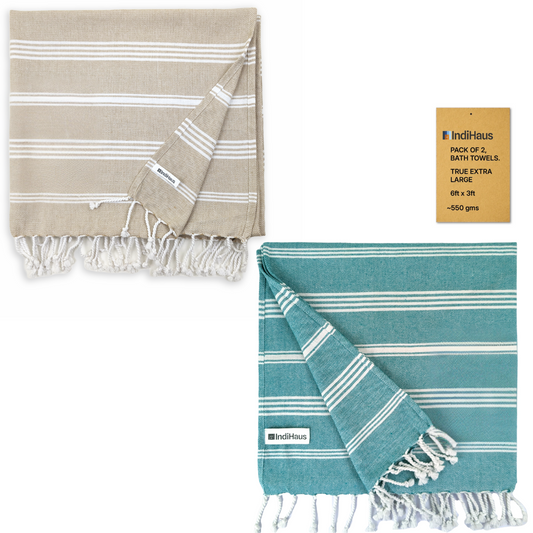 TRULY XL Bath Towels, 6 Ft x 3 Ft, Beige & Teal (Pack of 2)