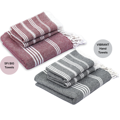 The BIG Towel Bath & Hand Towel Set, Earthy Crimson & Slate Grey. (Pack of 2+4)