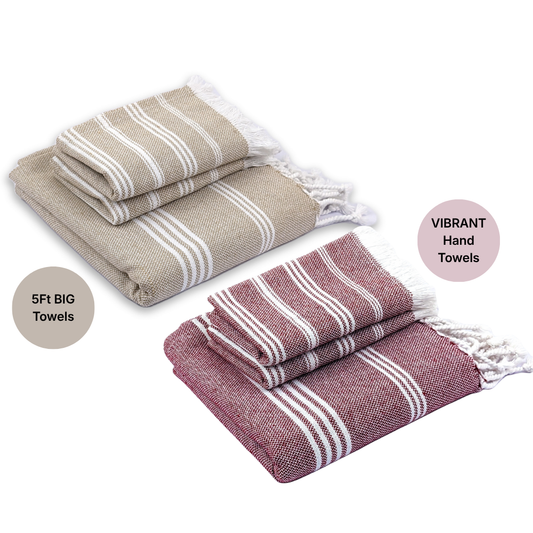 The BIG Towel Bath & Hand Towel Set, Earthy Crimson & Serene Beige, (Pack of 2+4)
