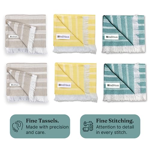 VIBRANT Hand Towels, 2 x 1.5 Ft, Teal & Yellow & Beige. Pack of 6
