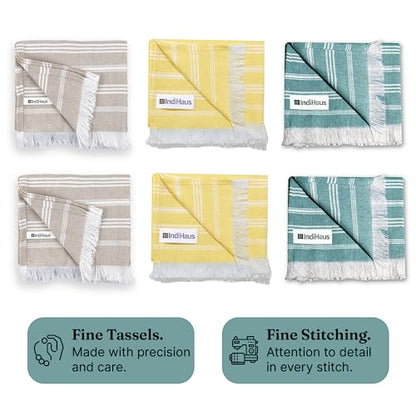 VIBRANT Hand Towels, 2 x 1.5 Ft, Teal & Yellow & Beige. Pack of 6