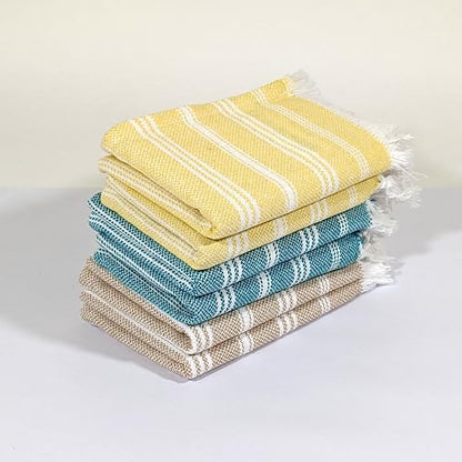 VIBRANT Hand Towels, 2 x 1.5 Ft, Teal & Yellow & Beige. Pack of 6