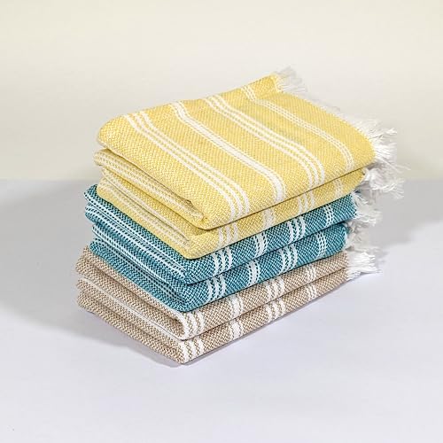VIBRANT Hand Towels, 2 x 1.5 Ft, Teal & Yellow & Beige. Pack of 6