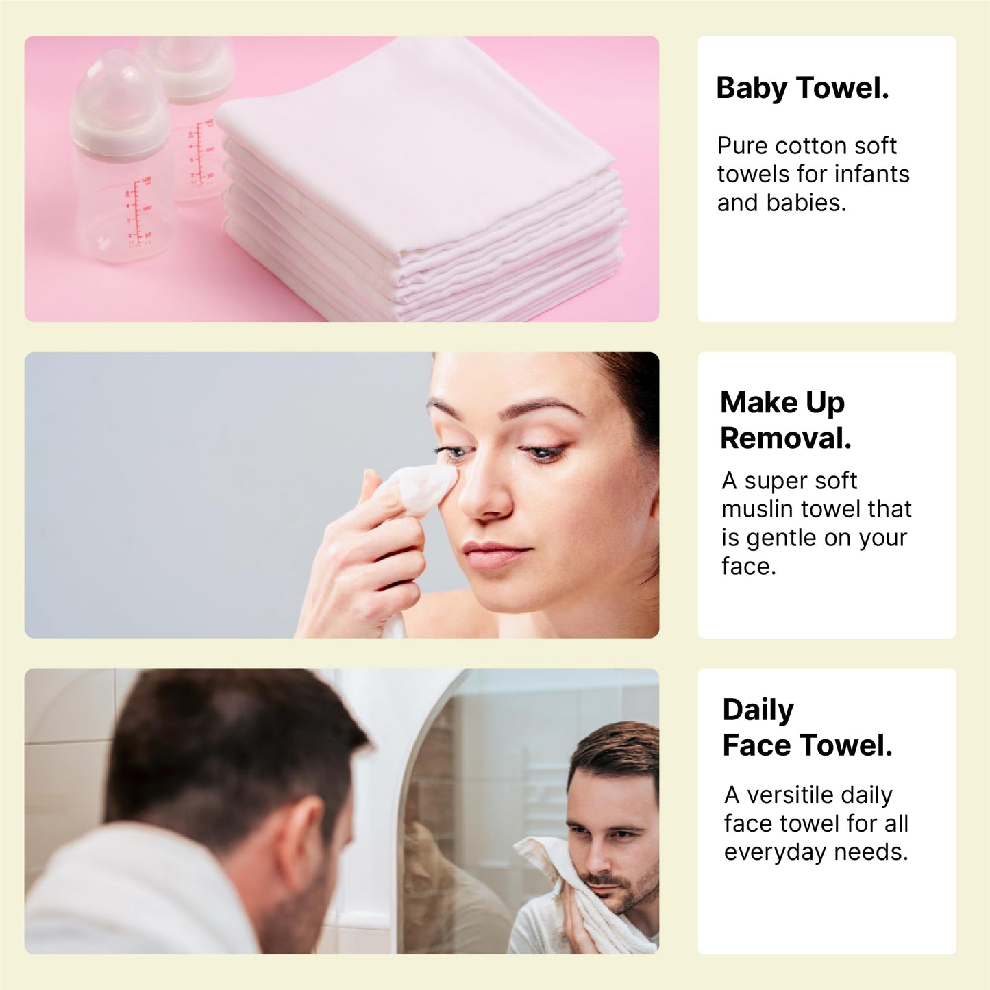 PureCott, Large Face Towel, 1.5 x 1.5 Ft, White. Pack of 9