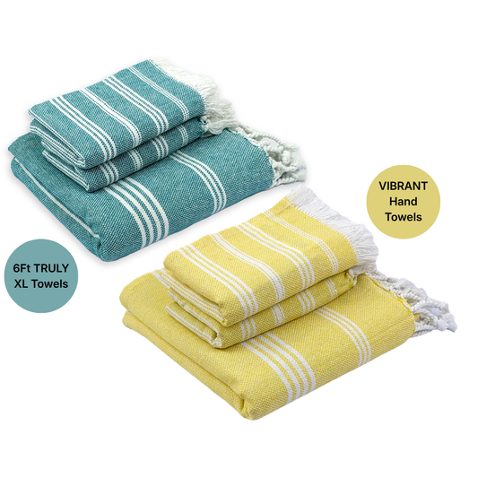 TRULY XL Bath & Hand Towel Set, Teal & Sunshine Yellow (Pack of 4+2)