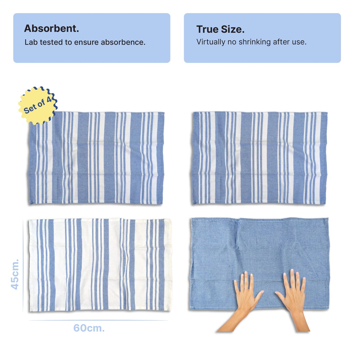 RIGHTSIZE Kitchen Towels, 2 x 1.5 Ft, Indihaus Blue. Pack of 4