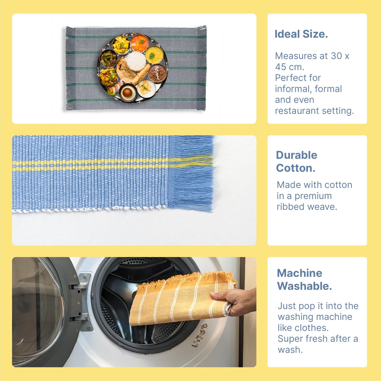 IndiHaus Cotton Ribbed Striped Rectangular Dining Placemat, Pack of 6,Blue with Yellow