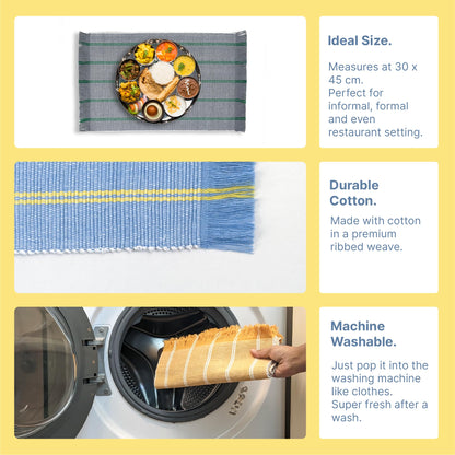 IndiHaus Cotton Ribbed Striped Rectangular Dining Placemat, Pack of 6,Blue with Yellow