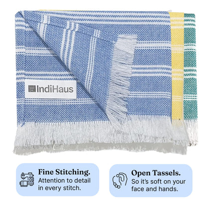 VIBRANT Hand Towels, 2 x 1.5 Ft, Blue & Yellow & Teal. Pack of 6