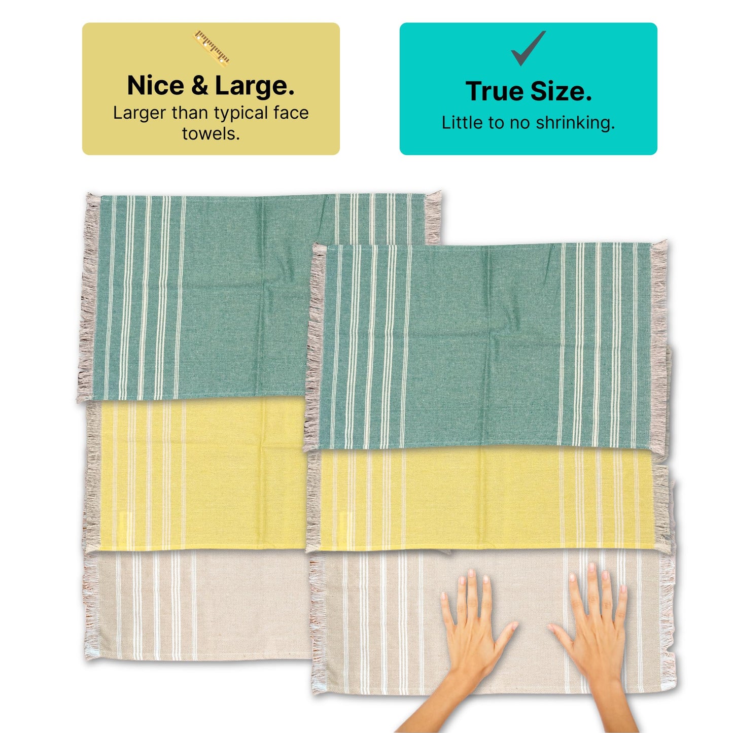 VIBRANT Hand Towels, 2 x 1.5 Ft, Teal & Yellow & Beige. Pack of 6