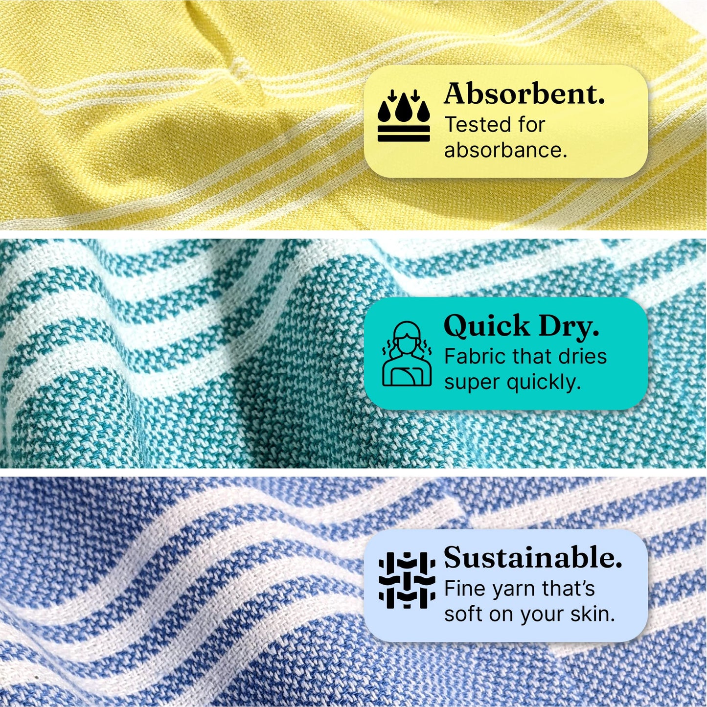 VIBRANT Hand Towels, 2 x 1.5 Ft, Blue & Yellow & Teal. Pack of 6
