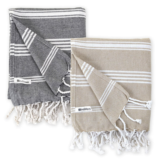 The BIG Towel, 5 x 2.8 Ft, Beige & Grey. Pack of 2
