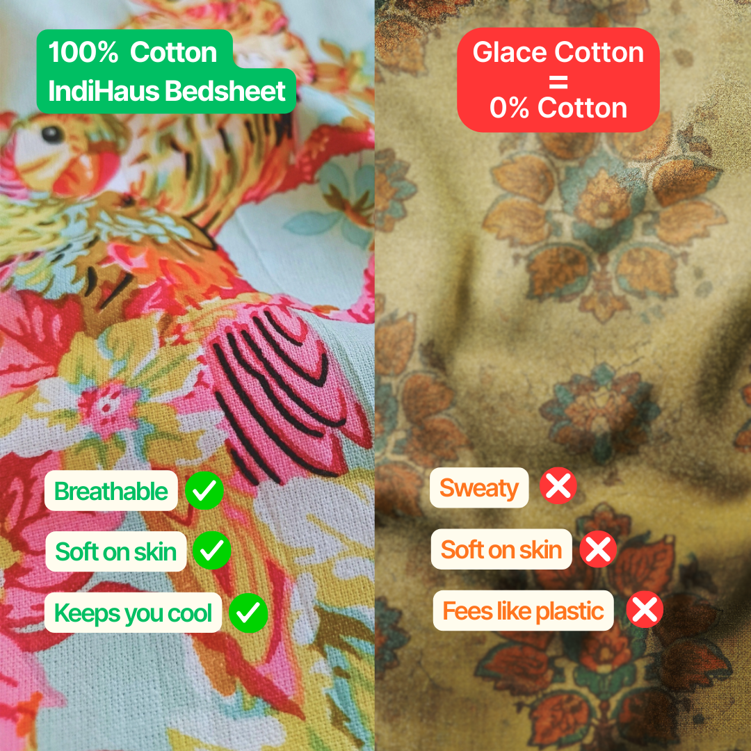 Lal Bagh, Cotton Bedsheet - Beige with Blue Flowers, 100% Cotton King Size (100 x 104, 1.3kg)