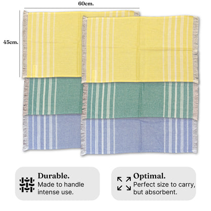 VIBRANT Hand Towels, 2 x 1.5 Ft, Blue & Yellow & Teal. Pack of 6