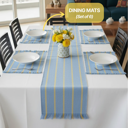 TABLESCAPE Dining PlaceMats, Ice Blue & Yellow Stripe, (Set of 6)
